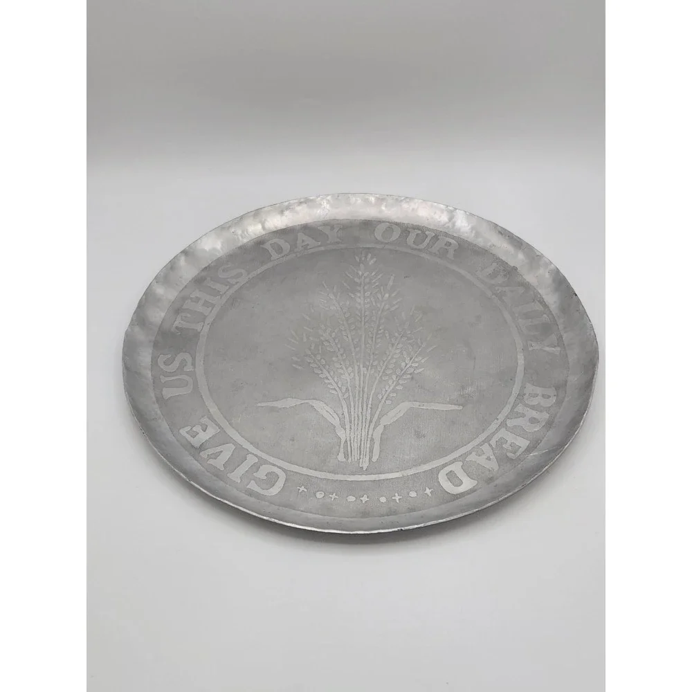 Vintage Hammered Aluminum Platter Tray Give Us This Day Our Daily Bread 11.75